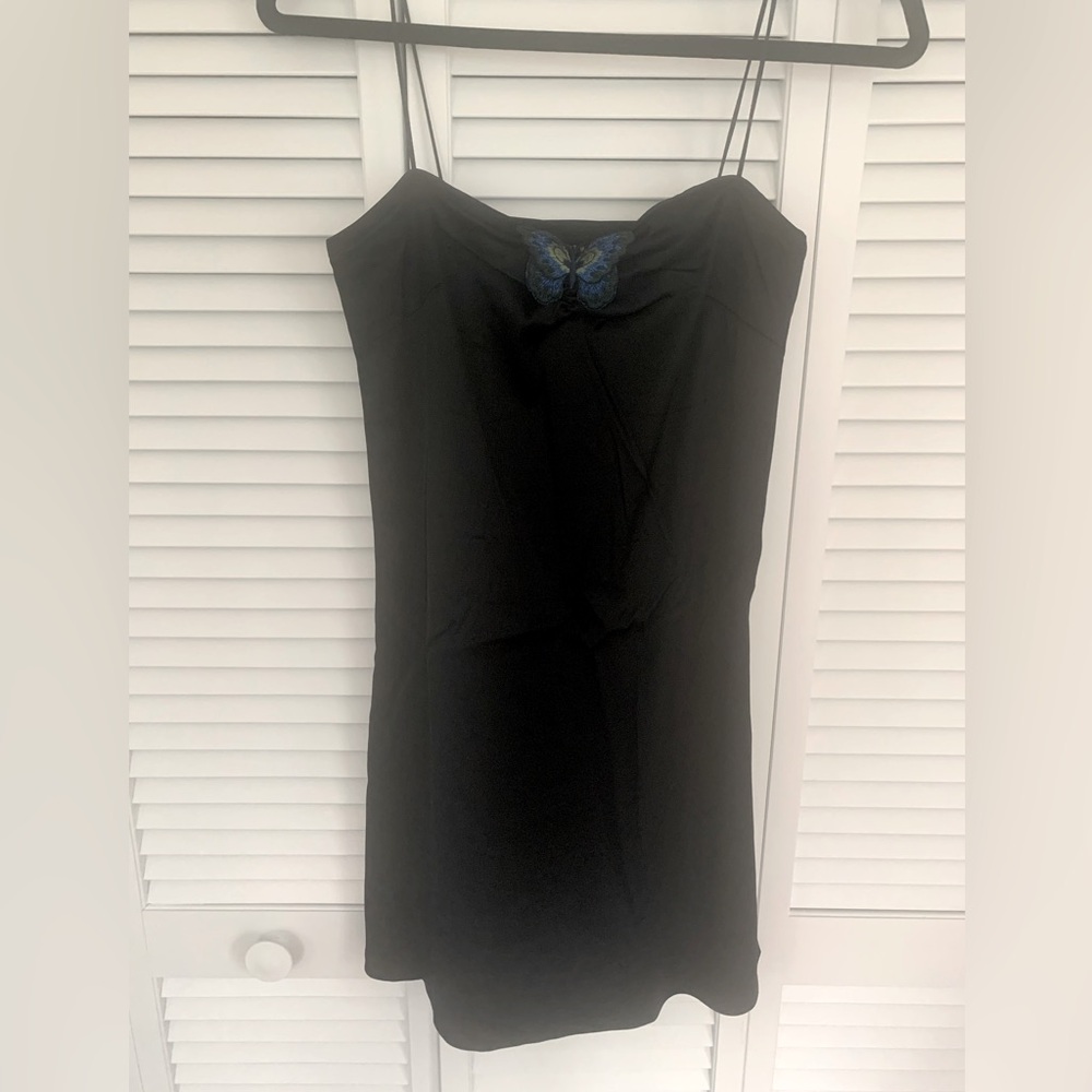 Current Mood Grace Revolution Butterfly Spaghetti Strap Black Mini Dress-L